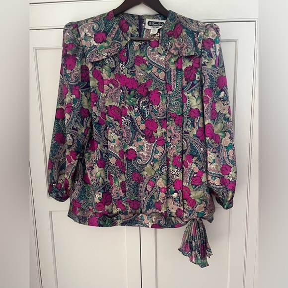 Jo Hanna York Tops - 80s Vintage Jo Hanna York by Joan Davis Floral Print Blouse Sz. M/L